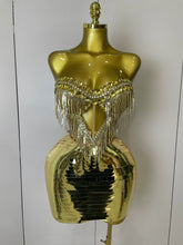 Sparkly Gold Rhinstones tassels Top Skirt Two-piec Set 2025 Women Sexy Strapless Designer Nightclub Evening Party Stage Outfit